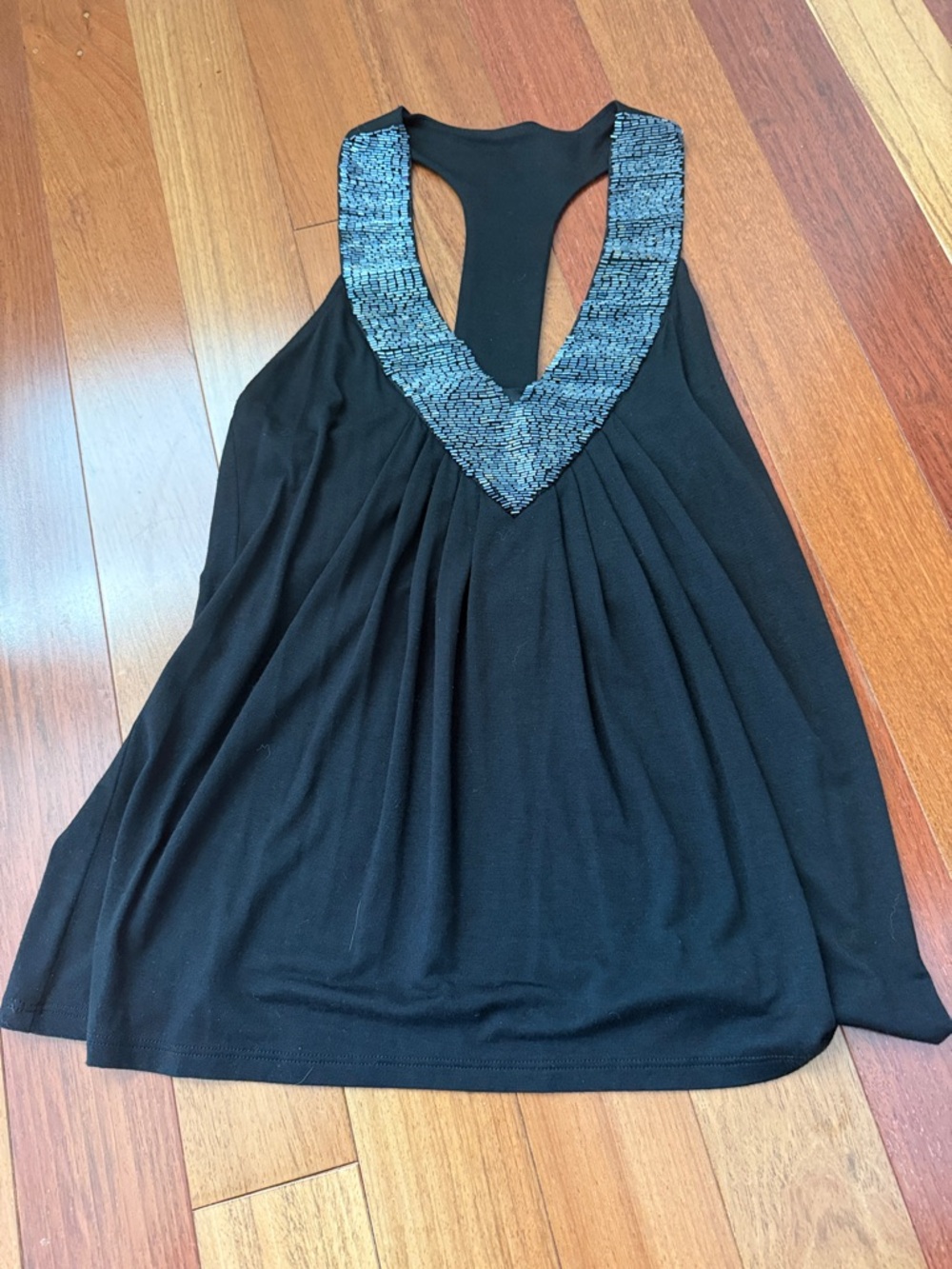 Aqua Black Tank with Sequined V-Neck